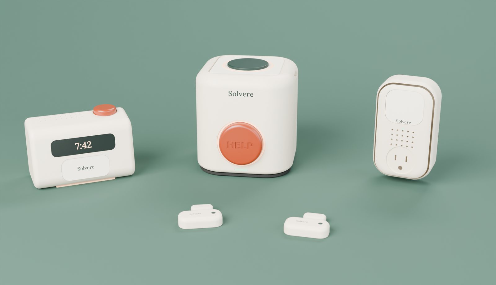 The Solvere home kit: a bedside pod with a clock and HELP button, the Home hub with its big HELP button, a bath pod with a pass-through socket, and two door tags, each with the Solvere wordmark